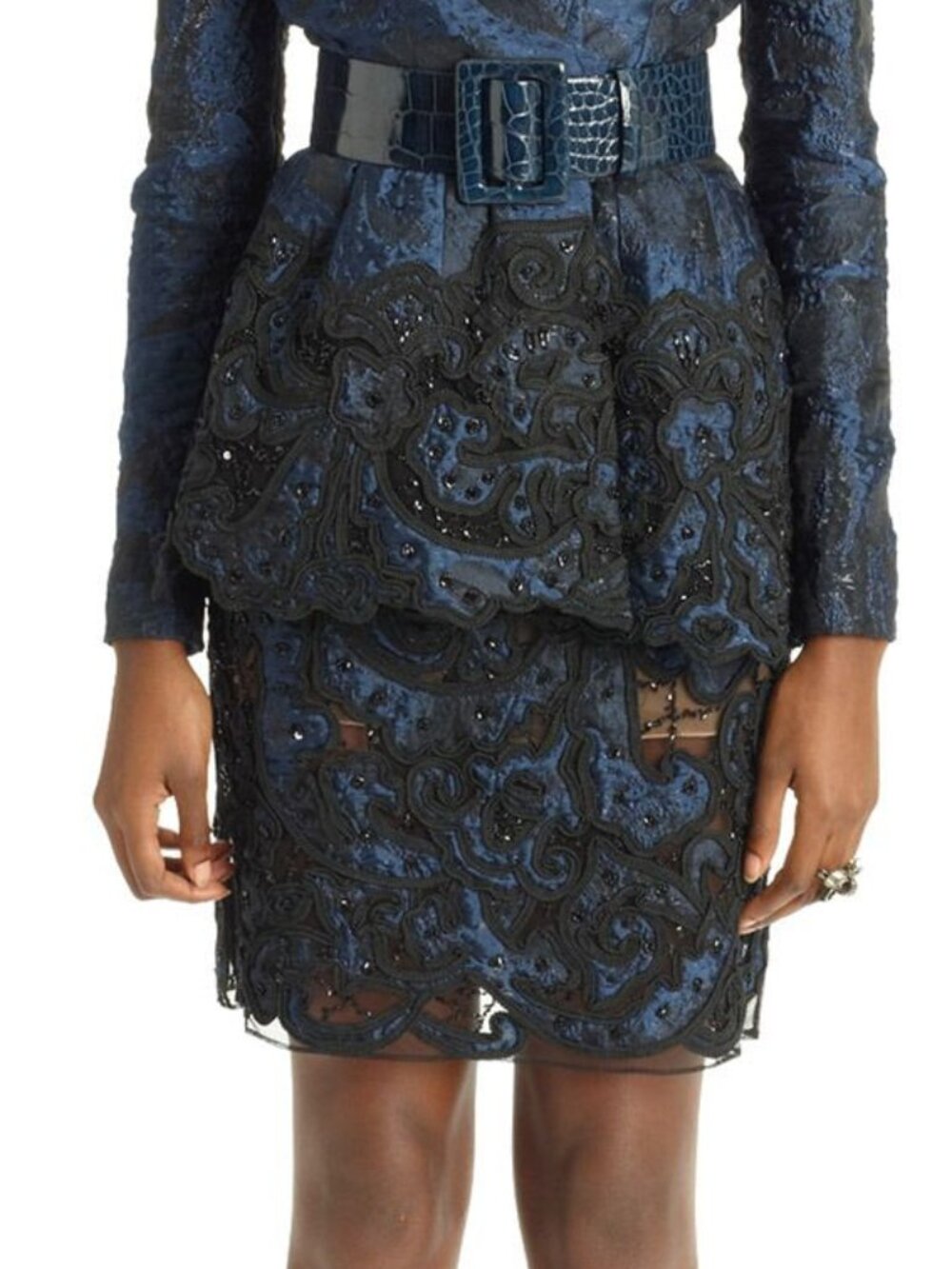 Oscar de la Renta PF14 Blue Beaded Soutache Embroidery Pencil Skirt
